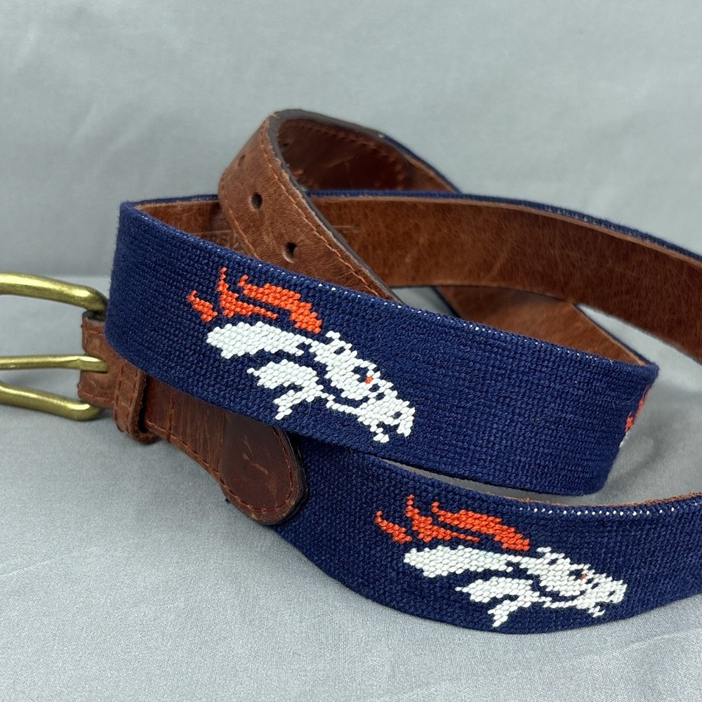 Smathers & Branson Needlepoint Leather Belt Denver Broncos NFL Size 40 Brass